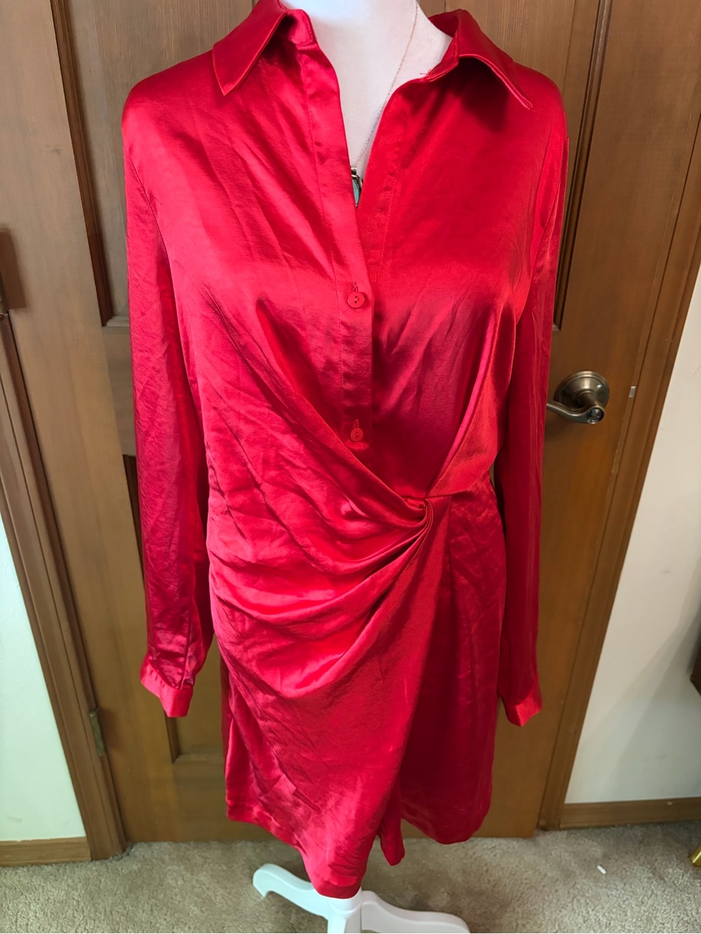 Skies Are Blue Red Satin Wrap-Style Long Sleeve Dress